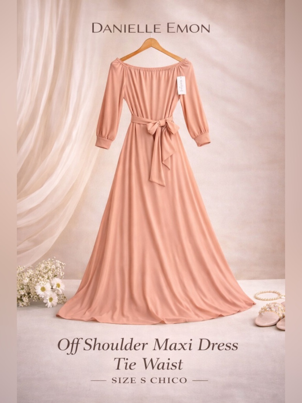 Danielle Emon Blush Pink Off-the-Shoulder Maxi Dress - Size S - Picture 2 of 12